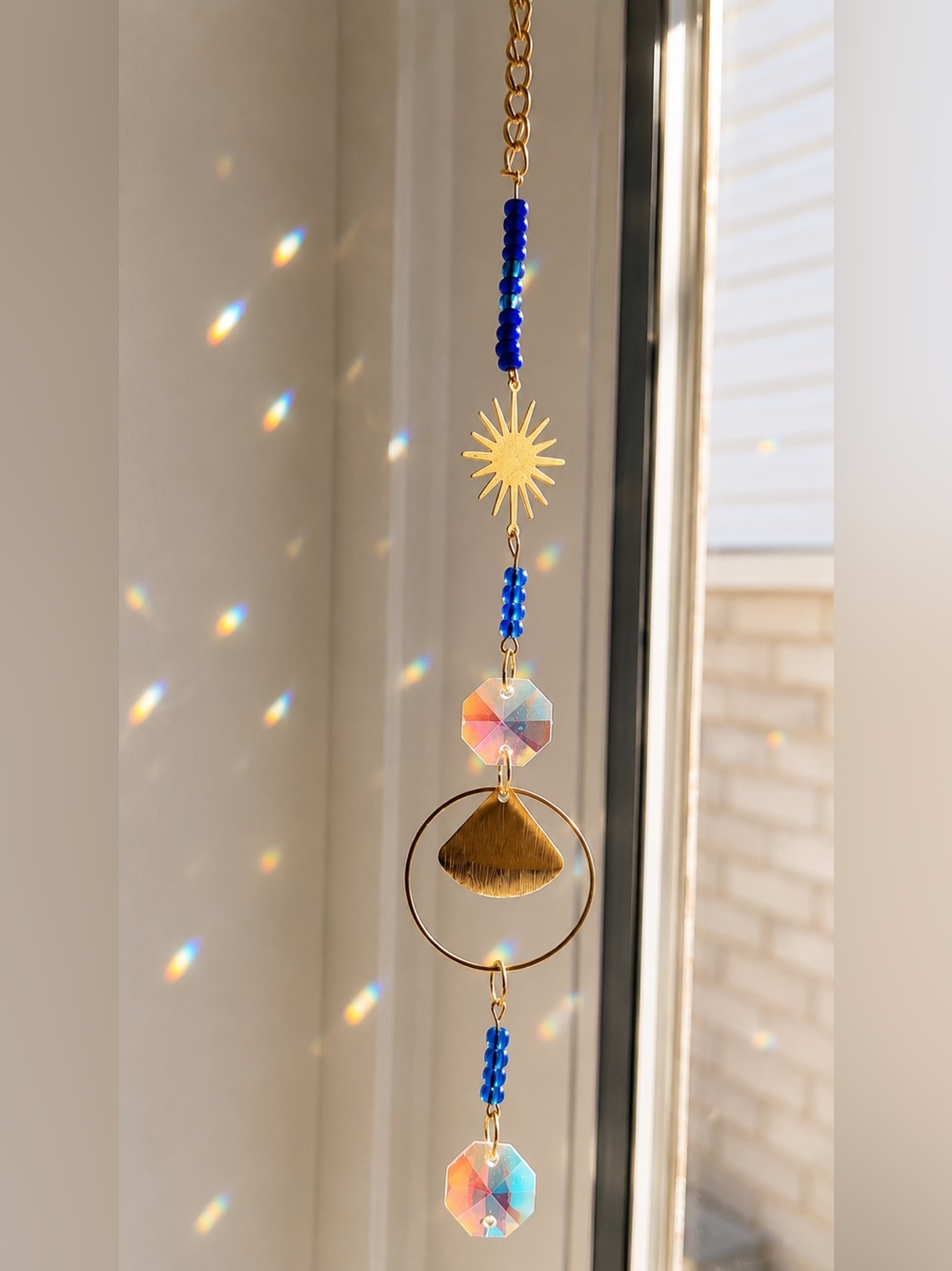 Blue Beaded Sun & Crystal Window Hanger